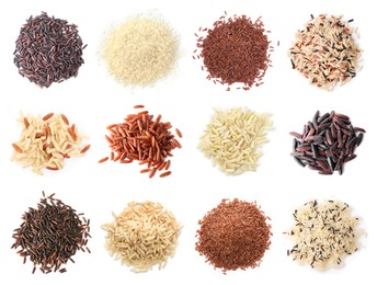 Image of Brown and other types of rice isolated on white, set. Top view