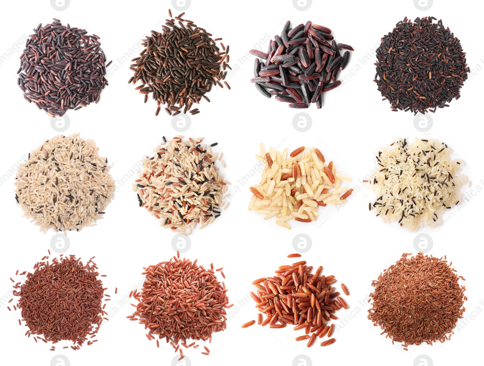 Brown and other types of rice isolated on white, set. Top view Image of Brown and other types of rice isolated on white, set. Top view