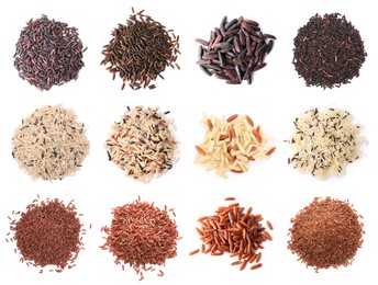 Image of Brown and other types of rice isolated on white, set. Top view