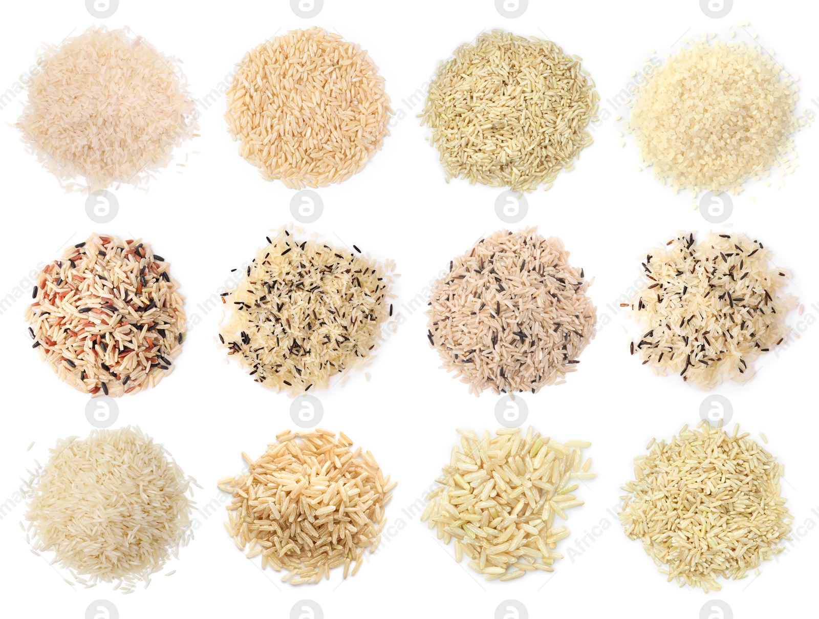Brown and other types of rice isolated on white, set. Top view Image of Brown and other types of rice isolated on white, set. Top view