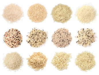 Image of Brown and other types of rice isolated on white, set. Top view