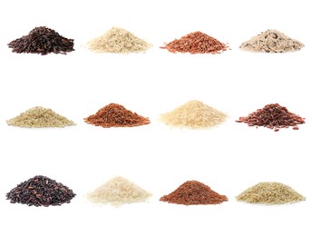 Image of Brown and other types of rice isolated on white, set