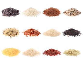 Image of Brown and other types of rice isolated on white, set