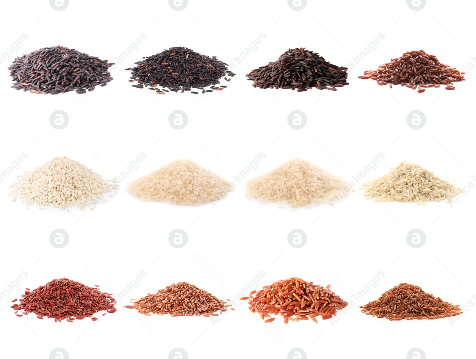 Brown and other types of rice isolated on white, set Image of Brown and other types of rice isolated on white, set