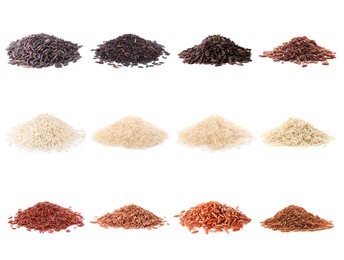 Image of Brown and other types of rice isolated on white, set