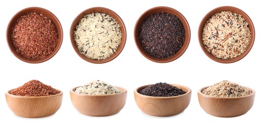 Image of Brown and other types of rice in bowls isolated on white, collage. Top and side view