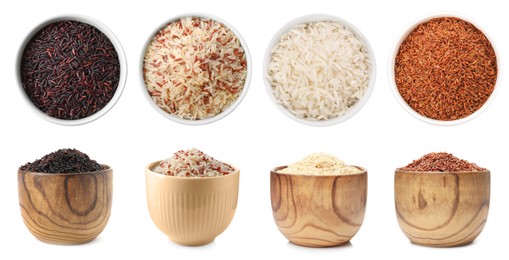 Image of Brown and other types of rice in bowls isolated on white, collage. Top and side view