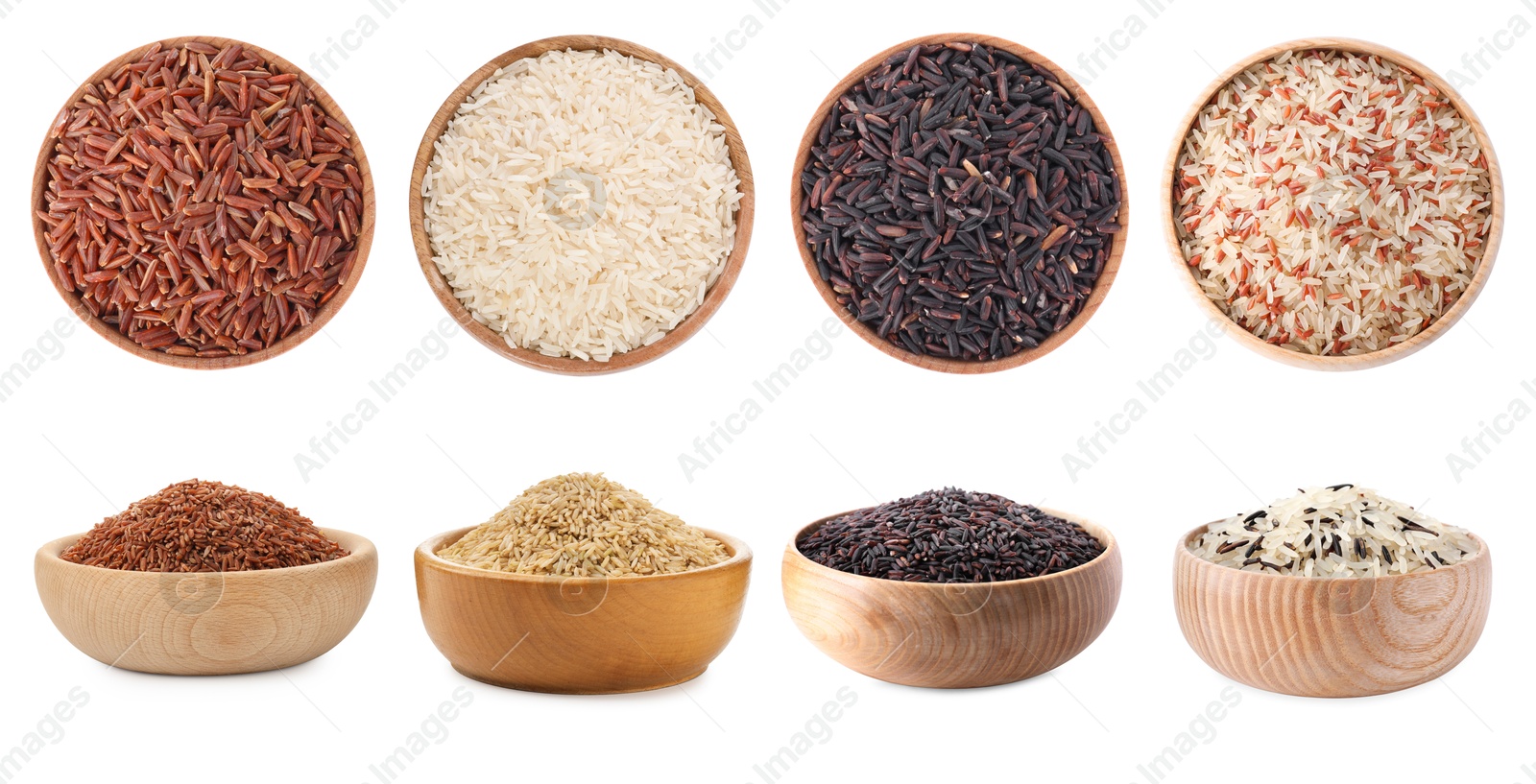 Brown and other types of rice in bowls isolated on white, collage. Top and side view Image of Brown and other types of rice in bowls isolated on white, collage. Top and side view