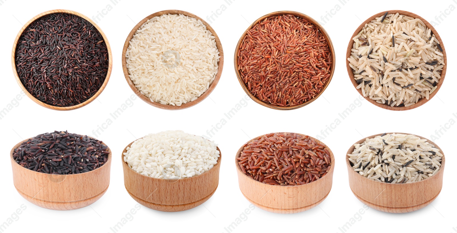Brown and other types of rice in bowls isolated on white, collage. Top and side view Image of Brown and other types of rice in bowls isolated on white, collage. Top and side view
