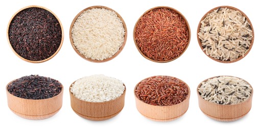 Image of Brown and other types of rice in bowls isolated on white, collage. Top and side view