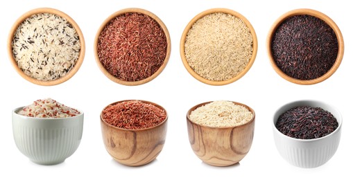 Image of Brown and other types of rice in bowls isolated on white, collage. Top and side view