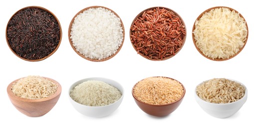 Image of Brown and other types of rice in bowls isolated on white, collage. Top and side view
