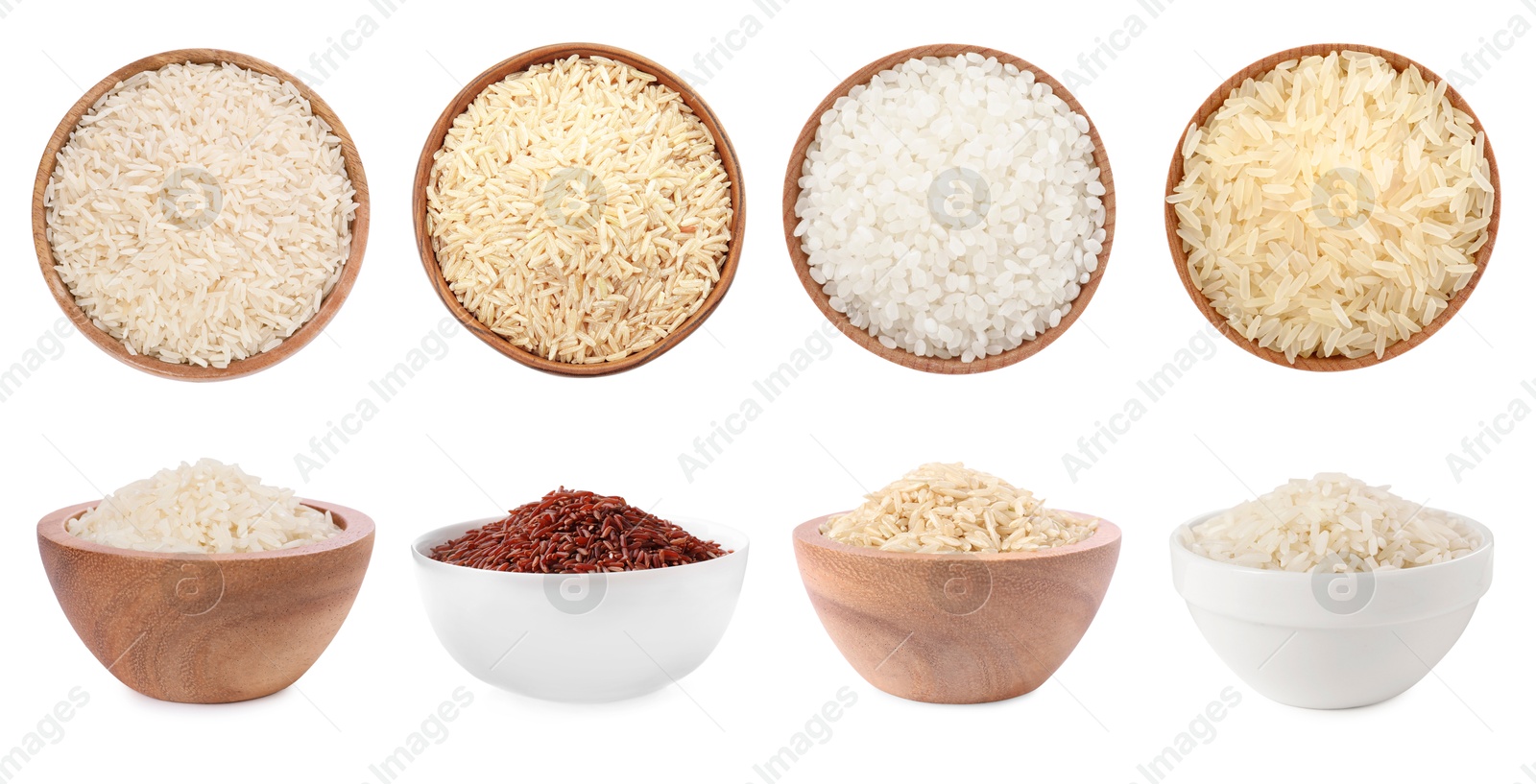 Brown and other types of rice in bowls isolated on white, collage. Top and side view Image of Brown and other types of rice in bowls isolated on white, collage. Top and side view