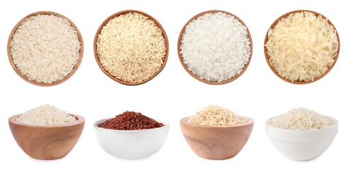 Image of Brown and other types of rice in bowls isolated on white, collage. Top and side view