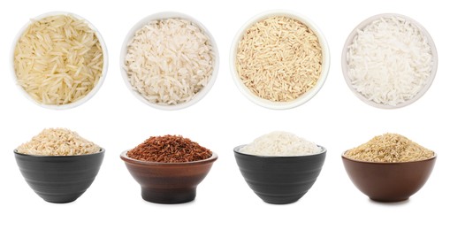 Image of Brown and other types of rice in bowls isolated on white, collage. Top and side view