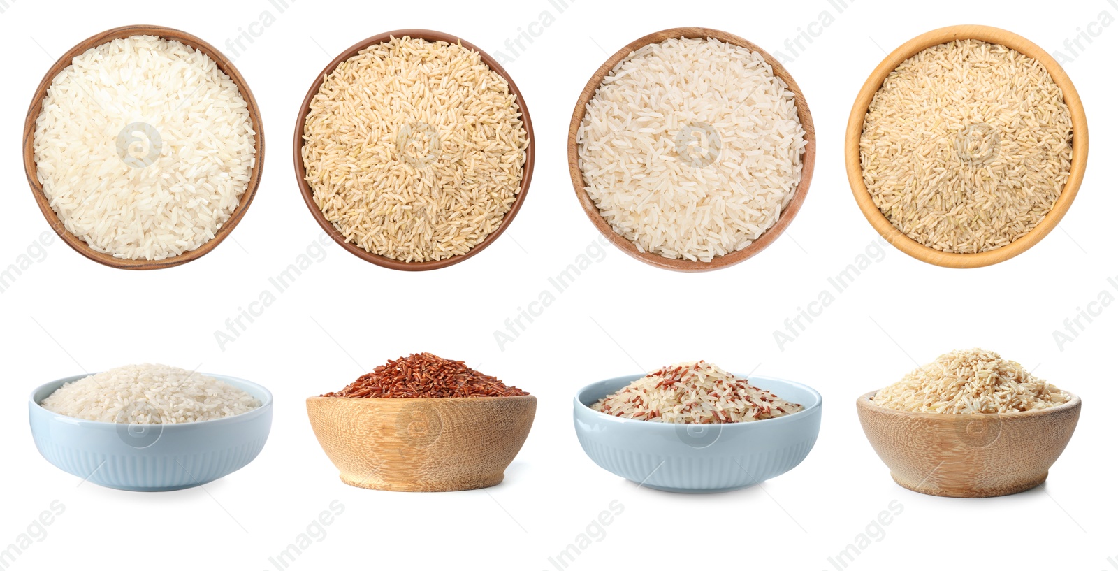 Brown and other types of rice in bowls isolated on white, collage. Top and side view Image of Brown and other types of rice in bowls isolated on white, collage. Top and side view