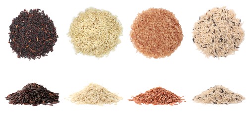 Image of Brown and other types of rice isolated on white, collage. Top and side view