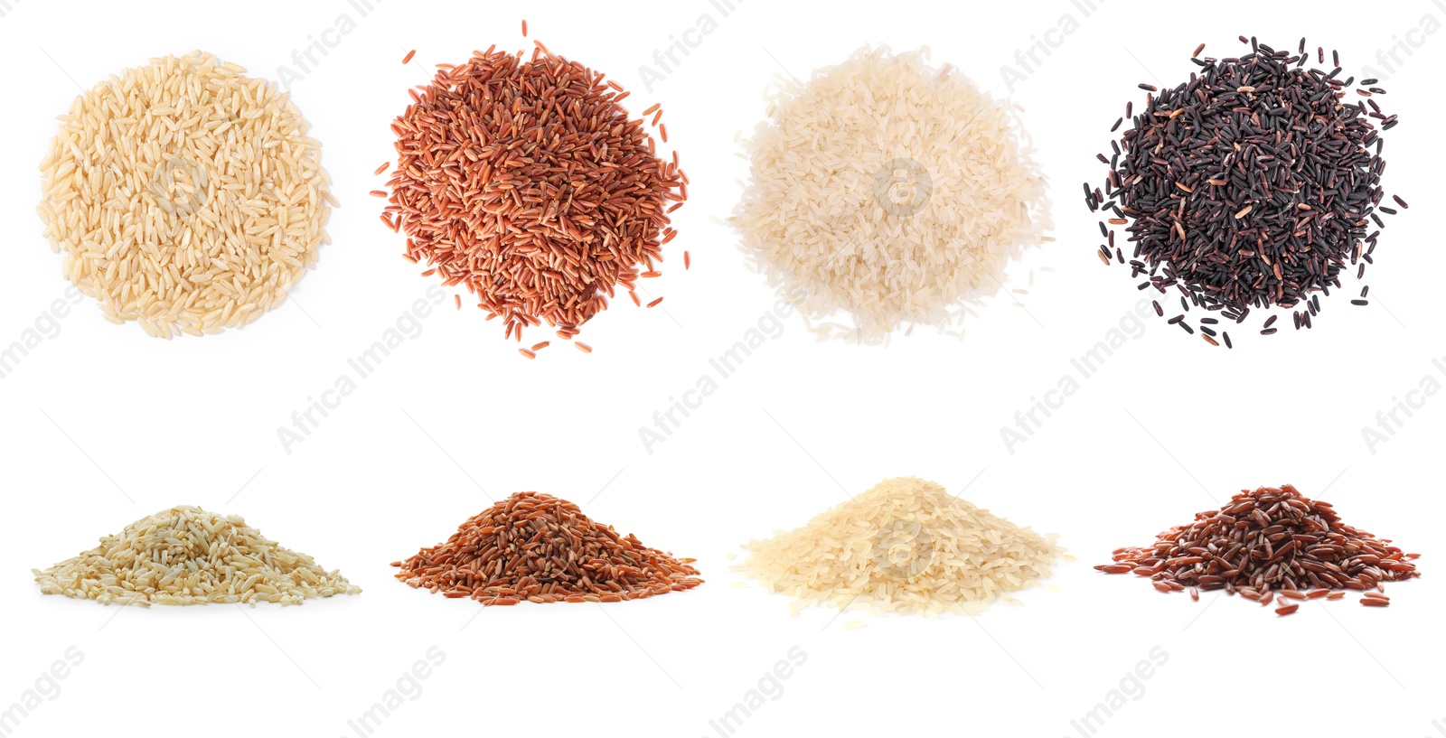 Brown and other types of rice isolated on white, collage. Top and side view Image of Brown and other types of rice isolated on white, collage. Top and side view