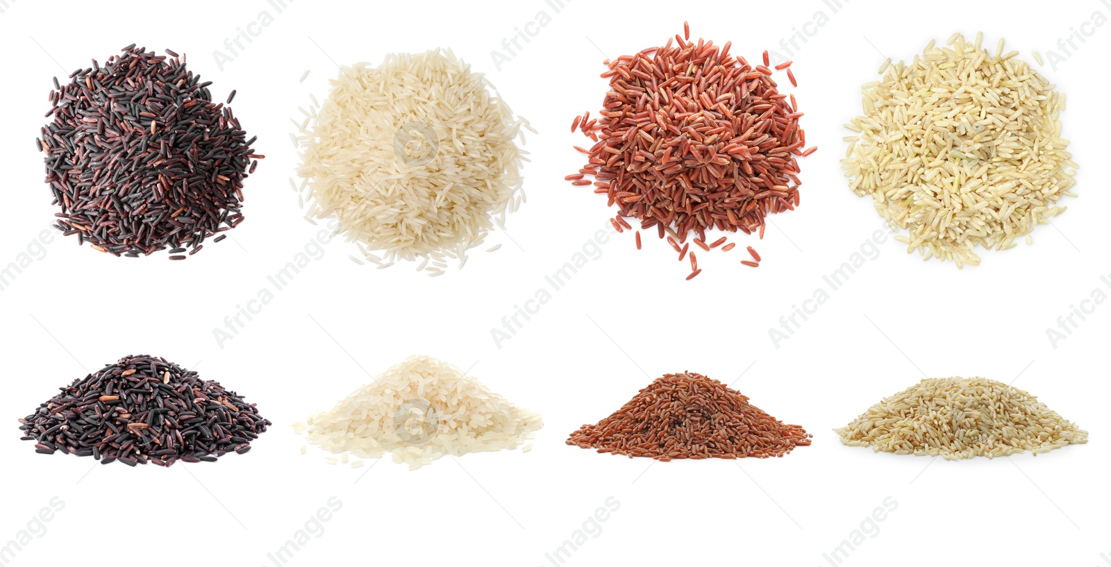 Brown and other types of rice isolated on white, collage. Top and side view Image of Brown and other types of rice isolated on white, collage. Top and side view