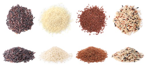 Image of Brown and other types of rice isolated on white, collage. Top and side view