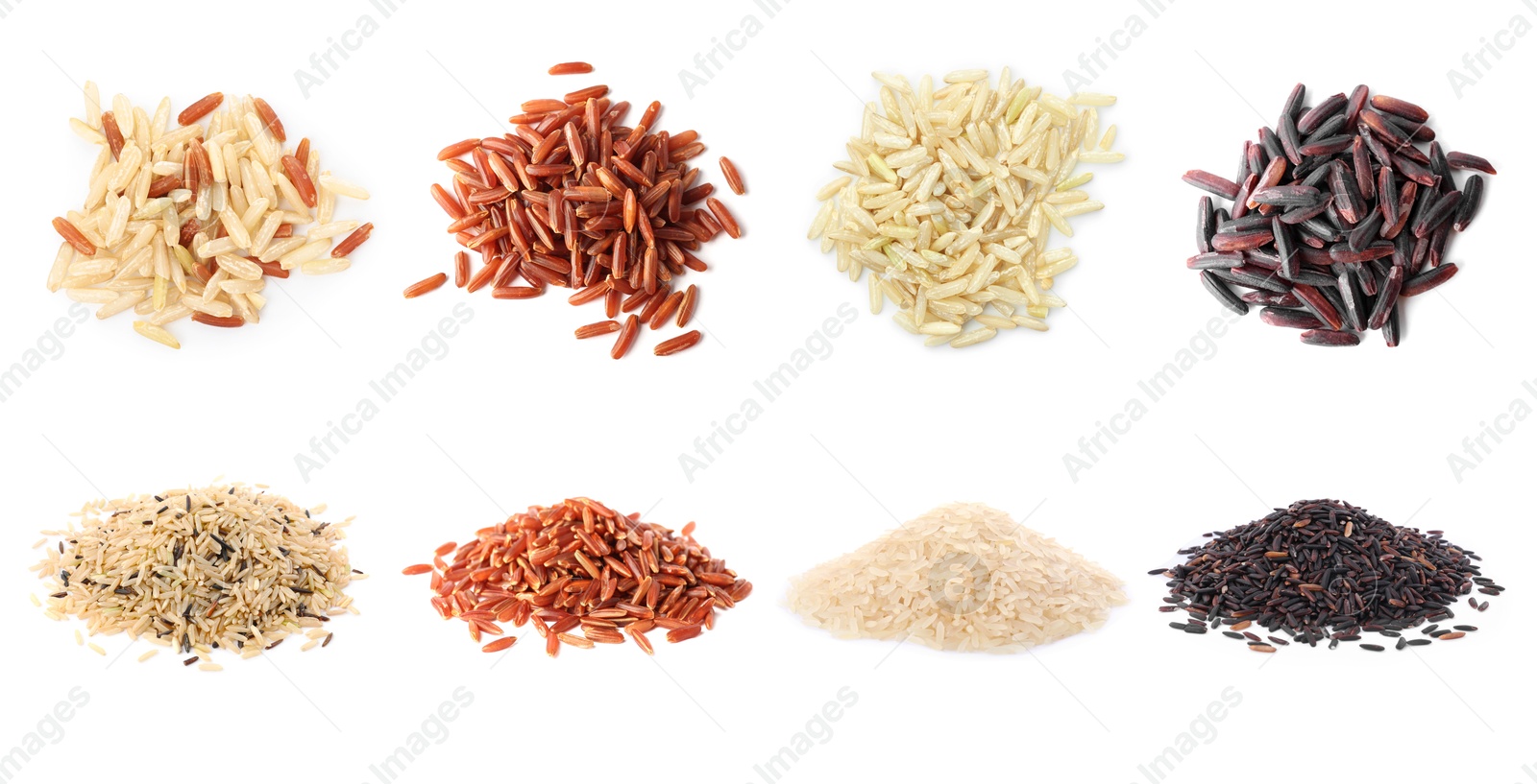 Brown and other types of rice isolated on white, collage. Top and side view Image of Brown and other types of rice isolated on white, collage. Top and side view