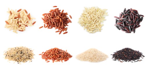 Image of Brown and other types of rice isolated on white, collage. Top and side view