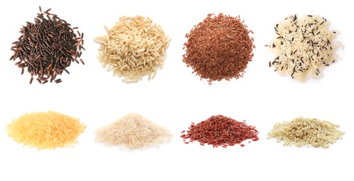 Image of Brown and other types of rice isolated on white, collage. Top and side view