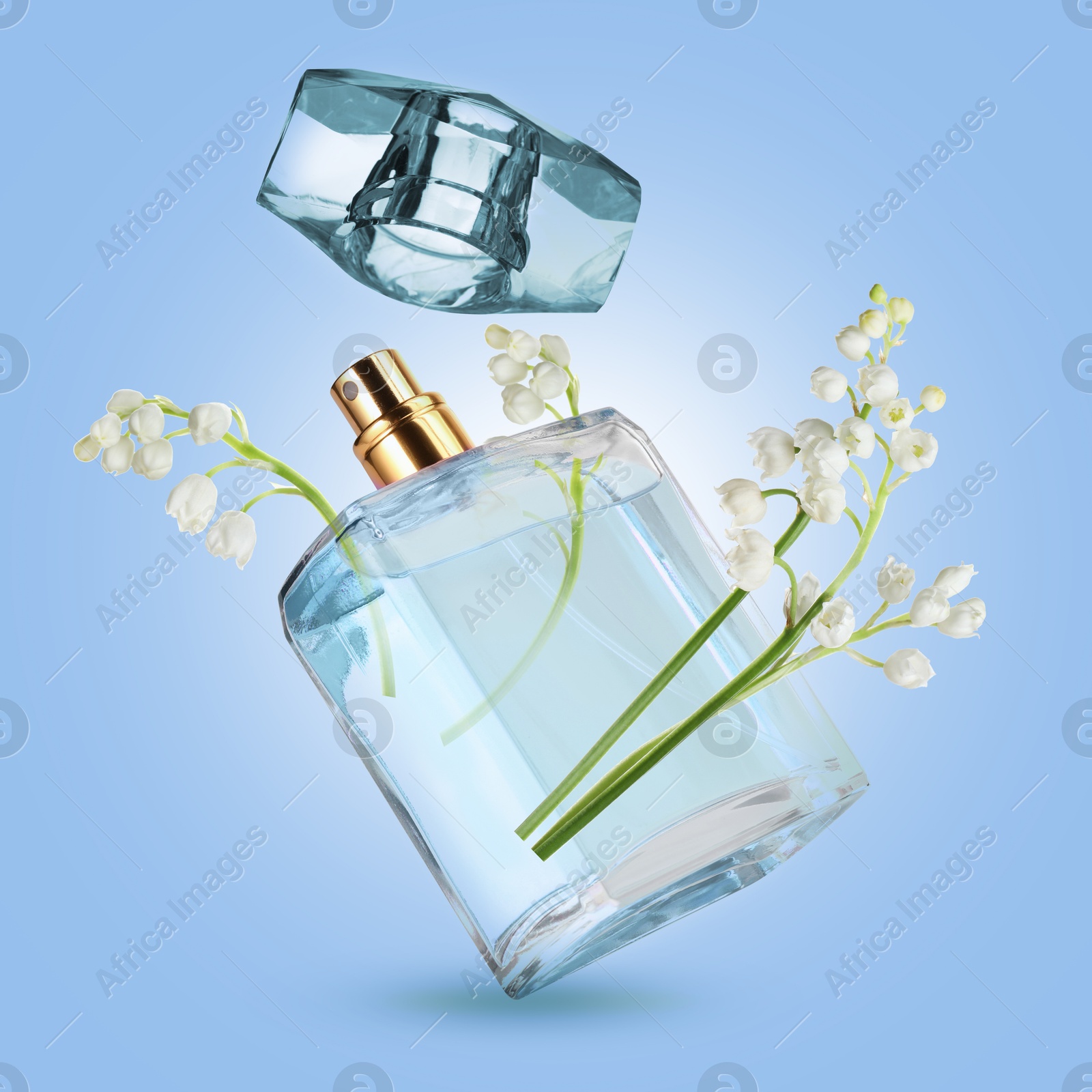 Lilies of the valley and bottle of perfume in air on light blue background Image of Lilies of the valley and bottle of perfume in air on light blue background