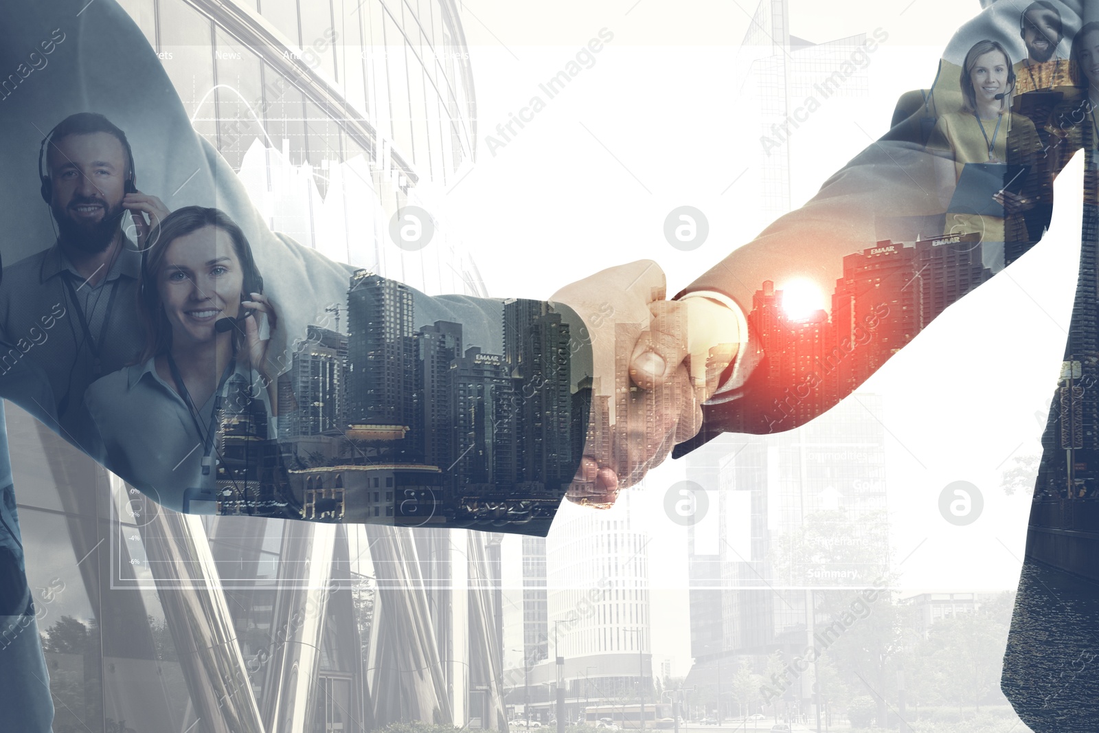 Businessmen shaking hands, double exposure with cityscape and workers. Successful partnership and startup Image of Businessmen shaking hands, double exposure with cityscape and workers. Successful partnership and startup