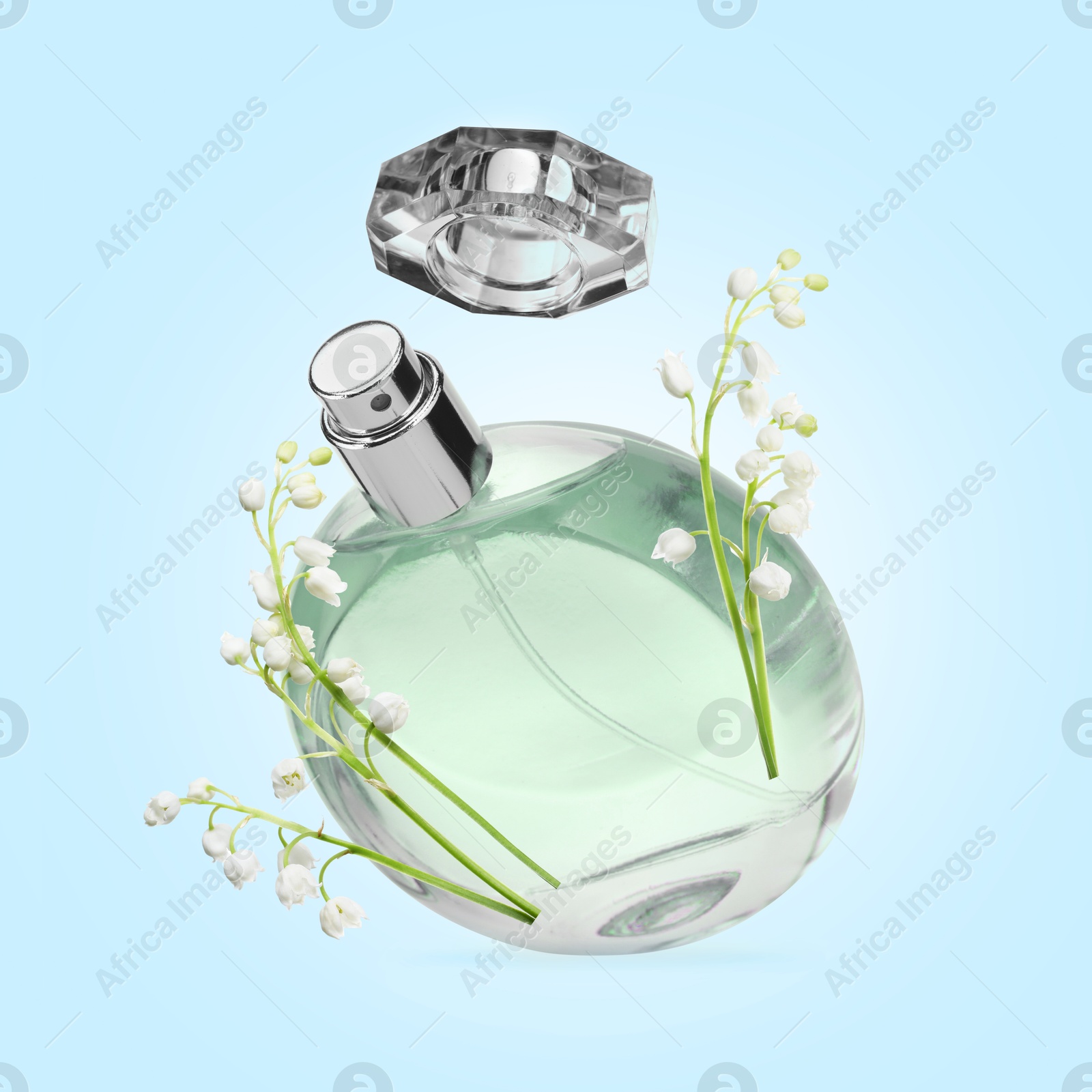 Lilies of the valley and bottle of perfume in air on light blue background Image of Lilies of the valley and bottle of perfume in air on light blue background
