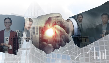 Image of Businessmen shaking hands, double exposure with cityscape and workers. Successful partnership and startup