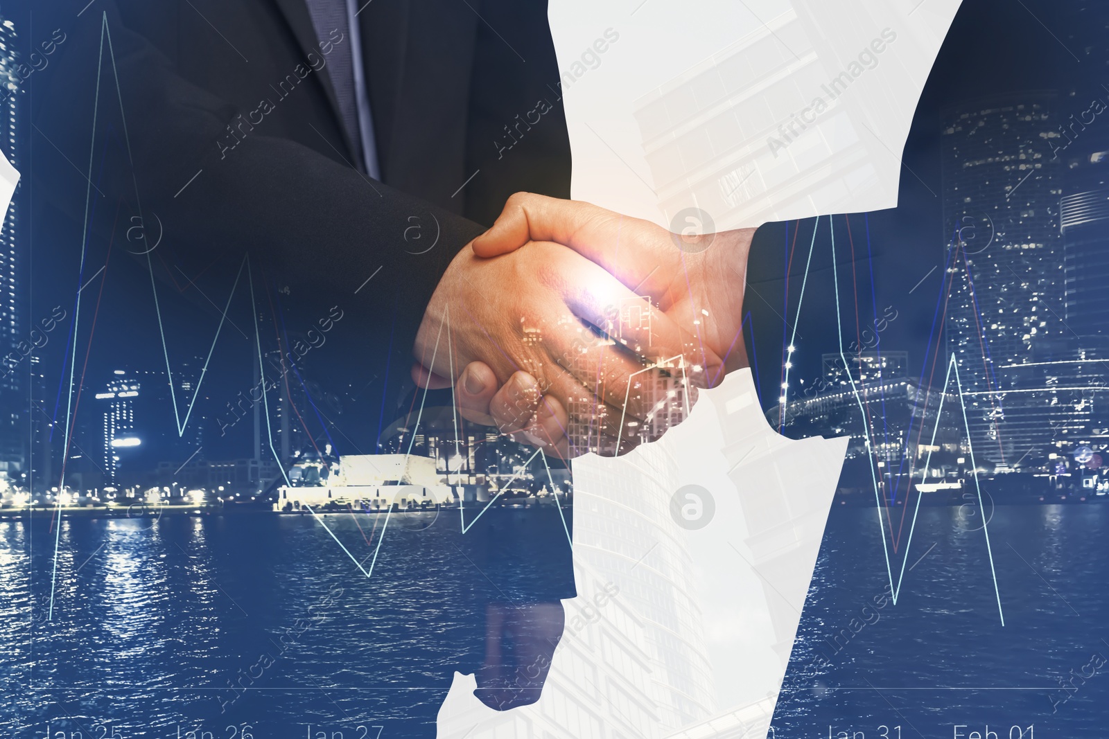 Businessmen shaking hands, double exposure with cityscape. Successful partnership and startup Image of Businessmen shaking hands, double exposure with cityscape. Successful partnership and startup