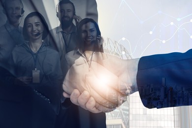Image of Businessmen shaking hands, double exposure with cityscape and workers. Successful partnership and startup