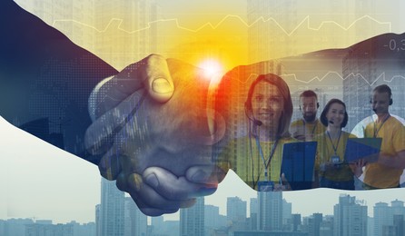 Image of Businessmen shaking hands, double exposure with cityscape and workers. Successful partnership and startup