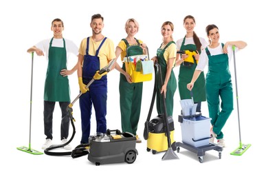 Image of Cleaning team with different supplies on white background