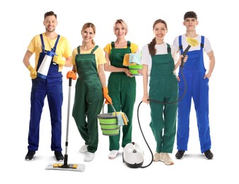 Image of Cleaning team with different supplies on white background