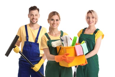 Image of Cleaning team with supplies on white background