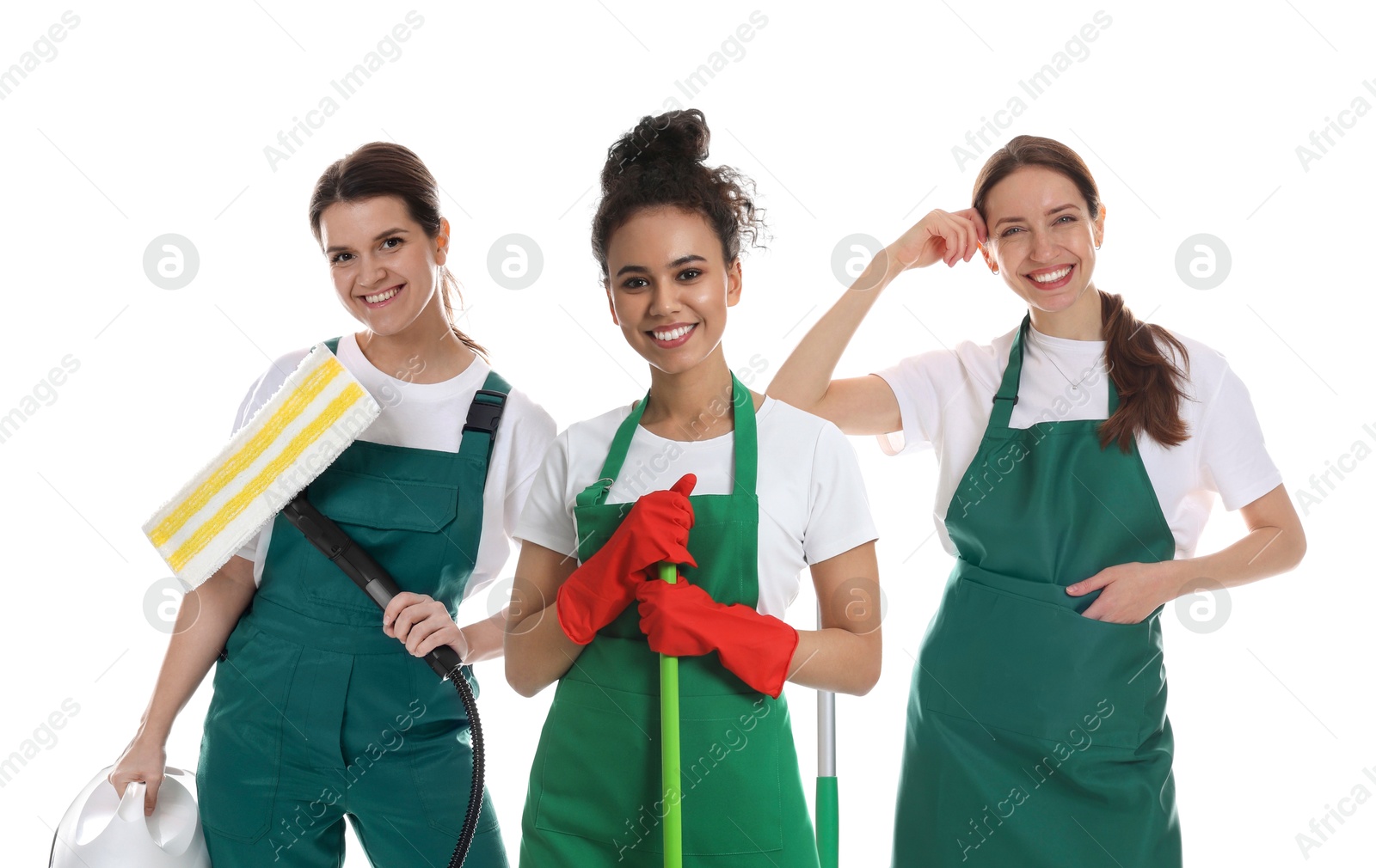 Cleaning team with supplies on white background Image of Cleaning team with supplies on white background