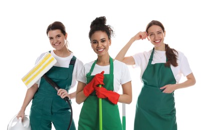 Image of Cleaning team with supplies on white background