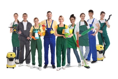 Image of Cleaning team with different supplies on white background