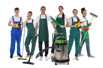 Image of Cleaning team with different supplies on white background
