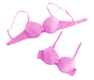 Image of Beautiful violet bra isolated on white, collage. Top view