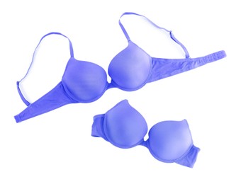 Image of Beautiful blue bra isolated on white, collage. Top view