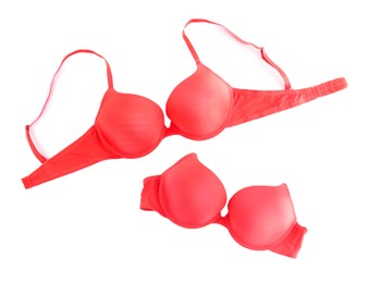 Image of Beautiful red bra isolated on white, collage. Top view