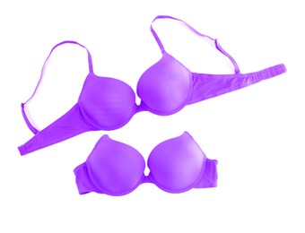 Image of Beautiful purple bra isolated on white, collage. Top view