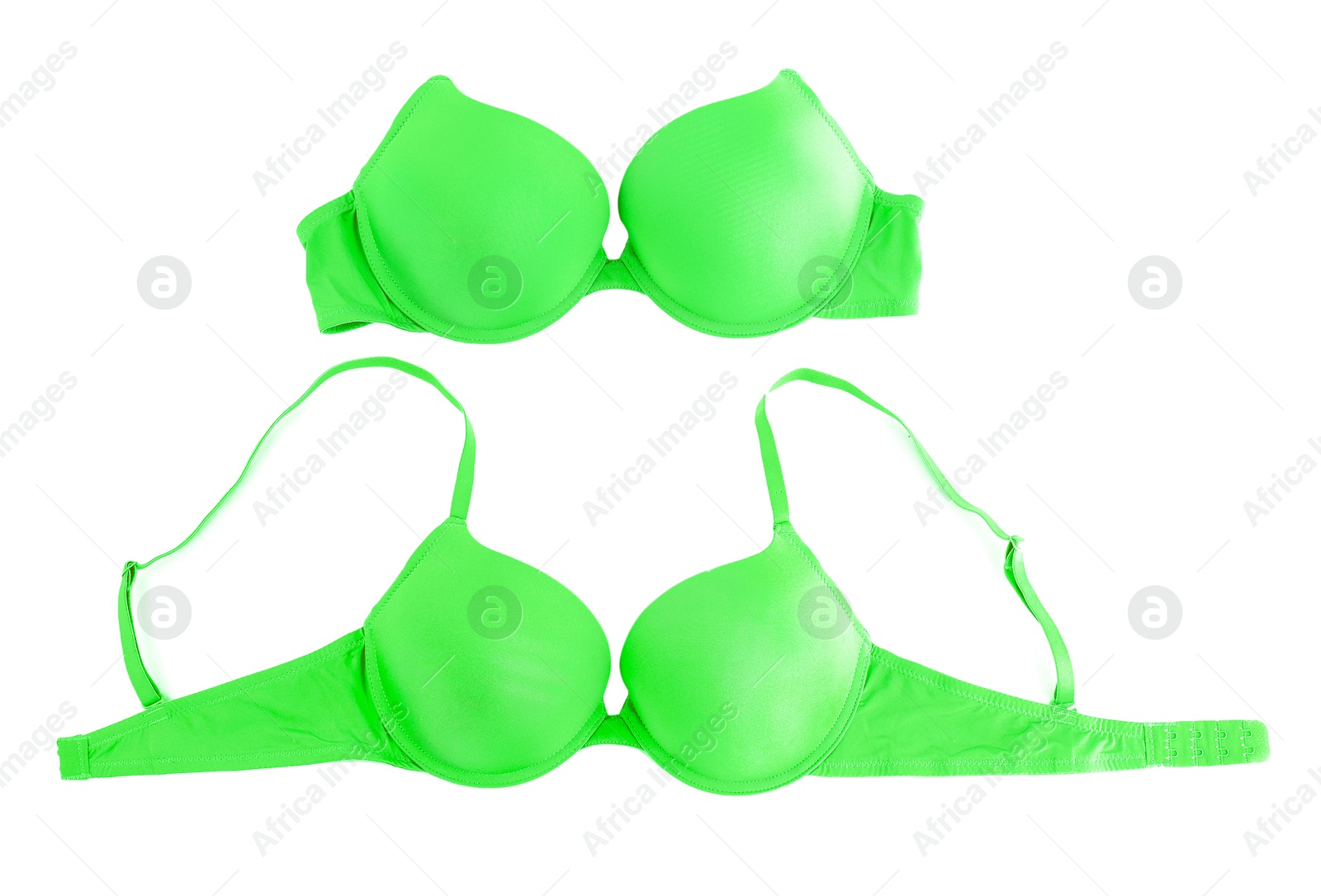 Beautiful light green bra isolated on white, collage. Top view Image of Beautiful light green bra isolated on white, collage. Top view