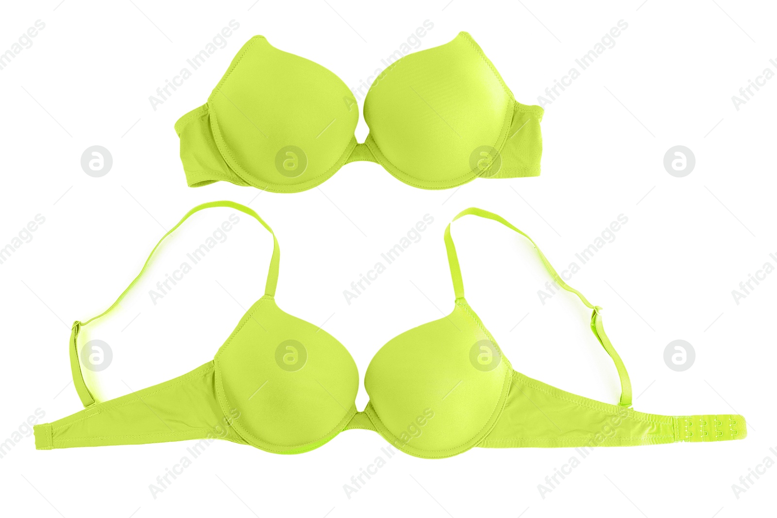Beautiful light green bra isolated on white, collage. Top view Image of Beautiful light green bra isolated on white, collage. Top view