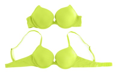 Image of Beautiful light green bra isolated on white, collage. Top view