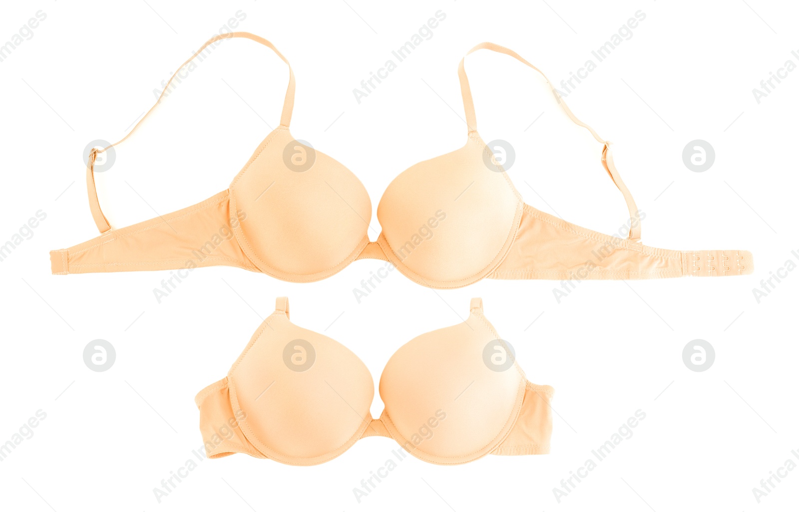 Beautiful beige bra isolated on white, collage. Top view Image of Beautiful beige bra isolated on white, collage. Top view