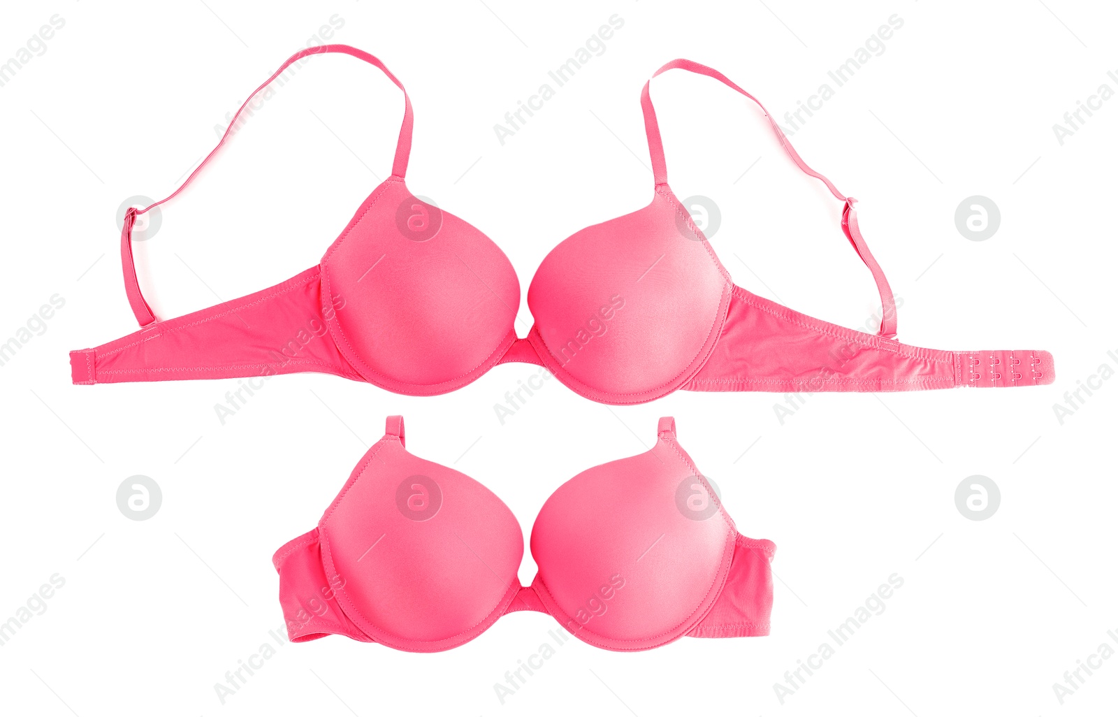 Beautiful pink bra isolated on white, collage. Top view Image of Beautiful pink bra isolated on white, collage. Top view